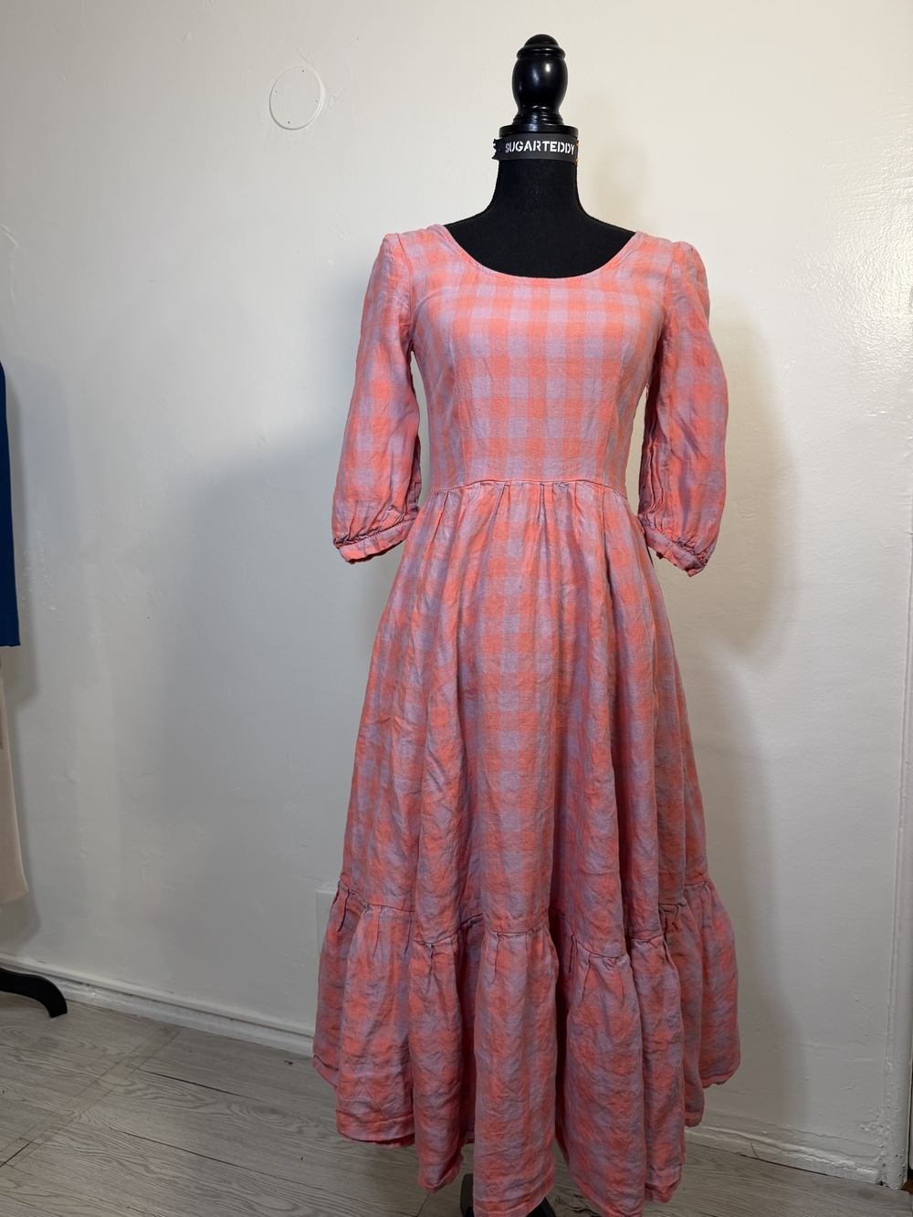 Women's Pink Gingham Check Midi Dress -3/4 Sleeved Ruffled Hem - Picture 3 of 11